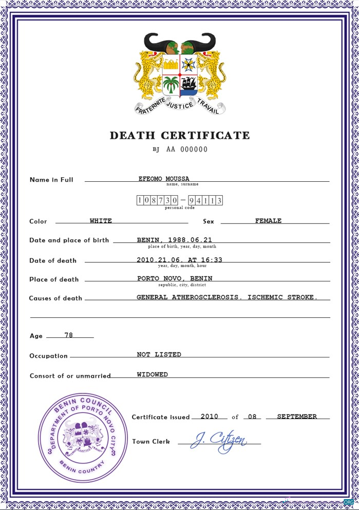 Download Benin vital record death certificate PSD template Photoshop template